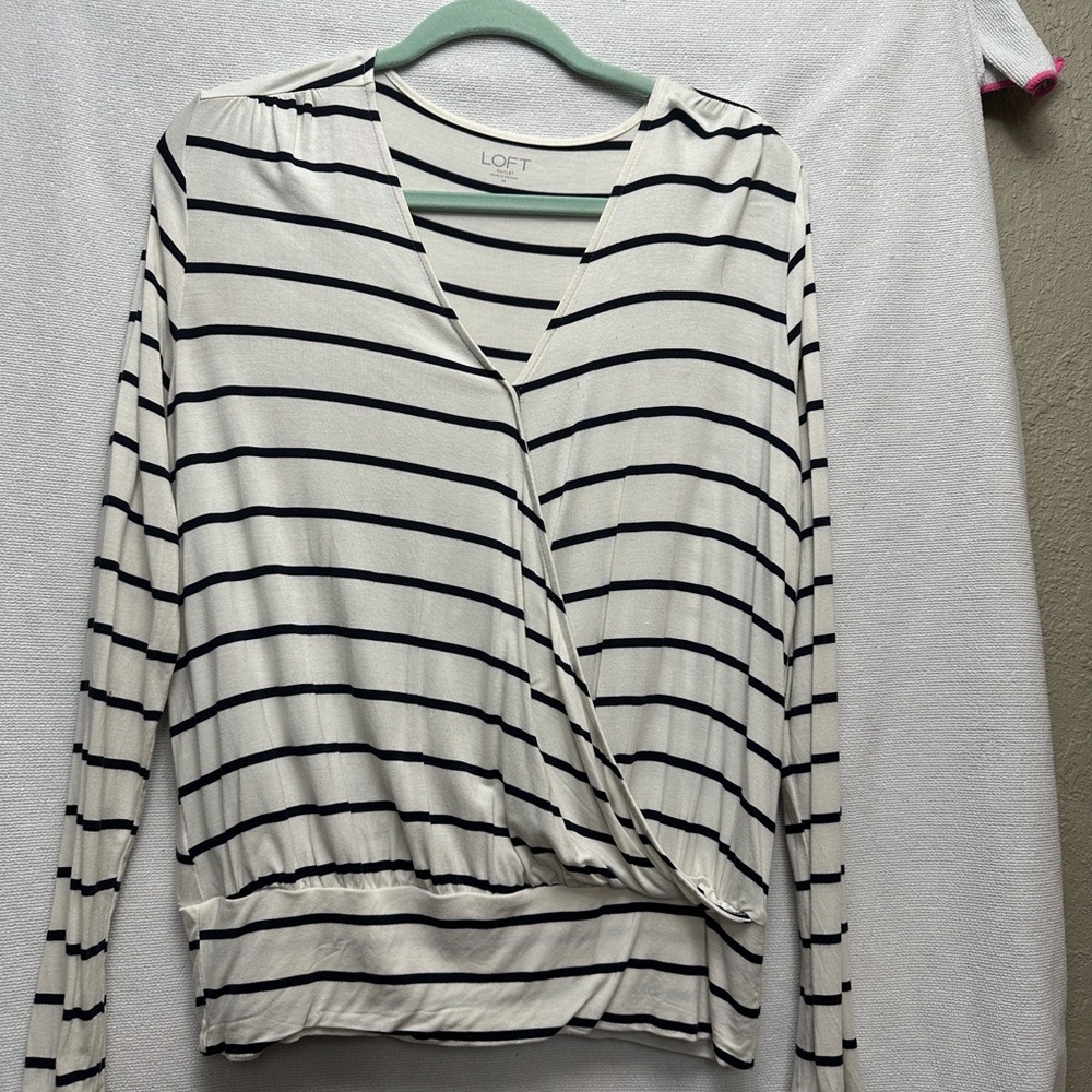 LOFT Women's Striped Wrap Top - Black and White